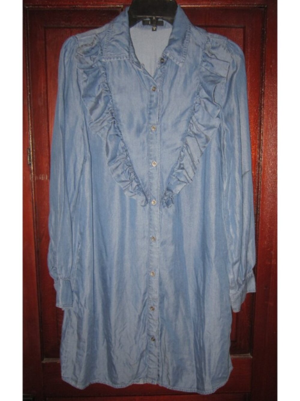IRIS Size M Tunic Dress Chambray Blue Lyocell Button Ruffle Pockets Western Belt